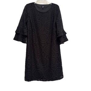 Tacera Women Size M 3/4 Ruffled Bell Sleeve Black Floral Lace Shift Mini Dress‎